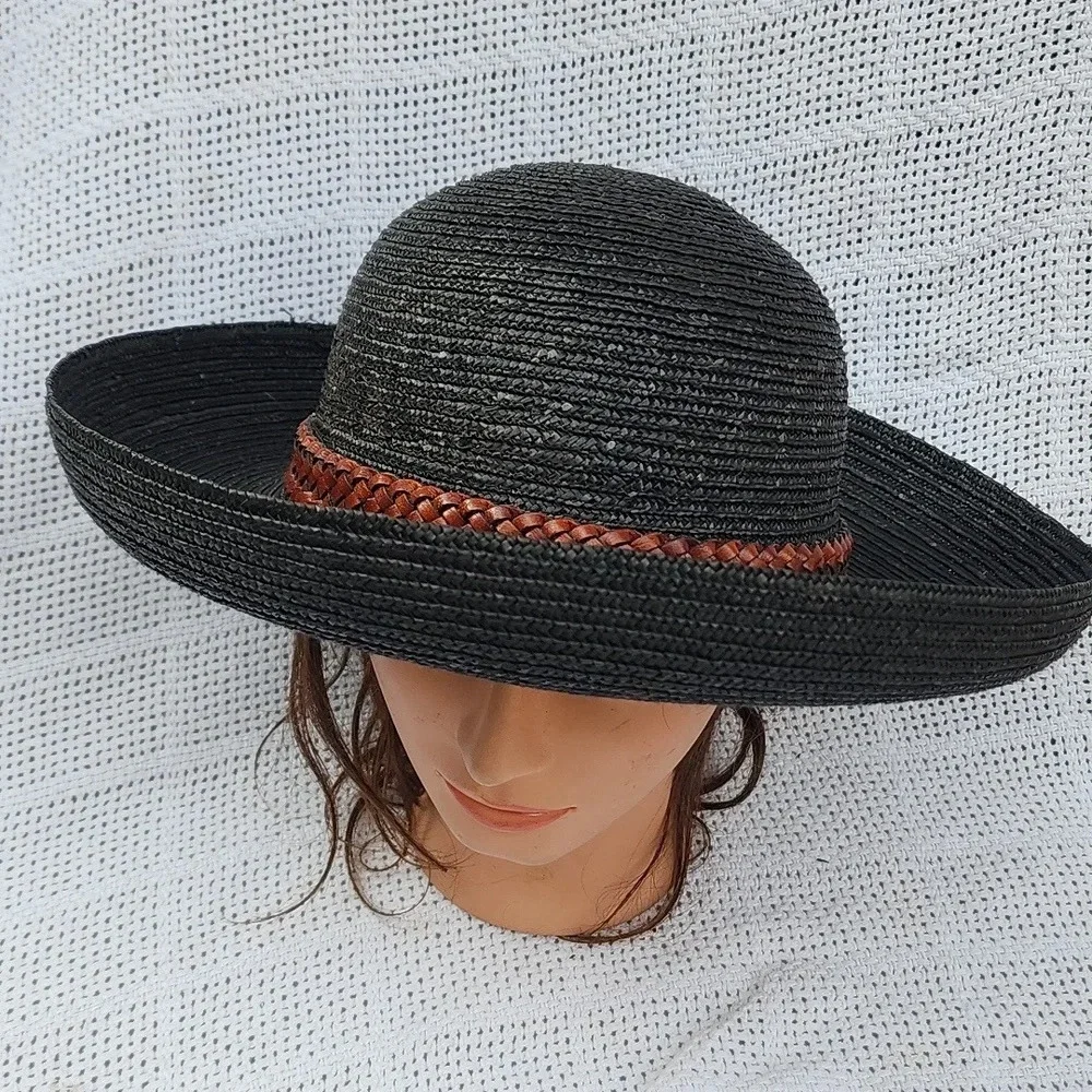 Black Rattan braided‎ leather  band hat